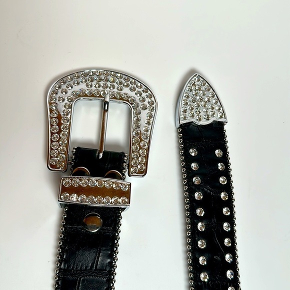 Y2K GENUINE LEATHER BLACK rhinestones changeable buckle 2019 Small rockstar - Picture 14 of 17